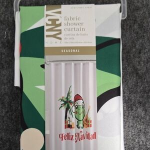 Christmas Fabric Shower Curtain with Feliz Navidad Design With Coqui Frog